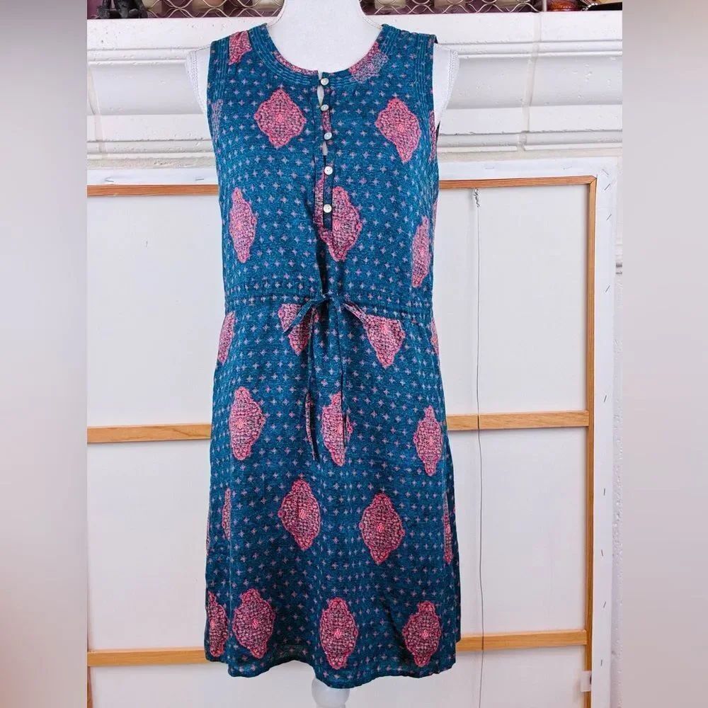 Lucky Brand Teal Sleeveless Printed Tie-Waist Mini Dress with Pink Motifs